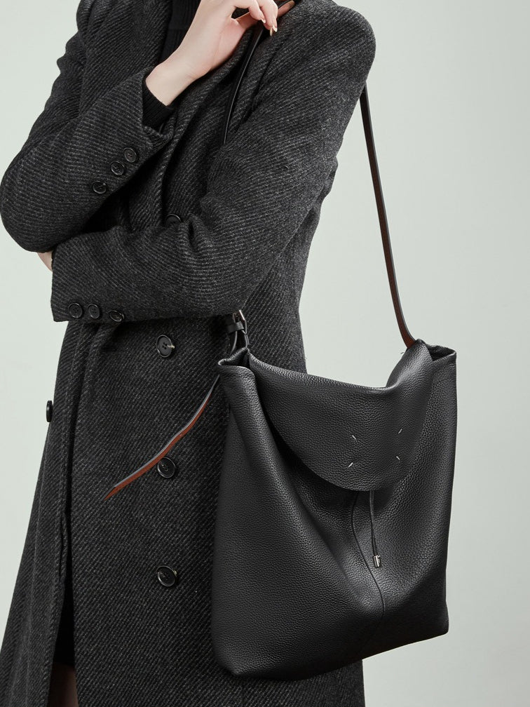 Women's Genuine Leather Slouch Tote Bag with Adjustable Strap & Detachable Pouch