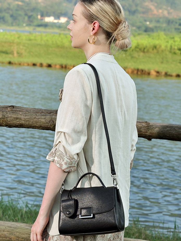 Women's Genuine Leather Square Flap Bag with Magnetic Closure