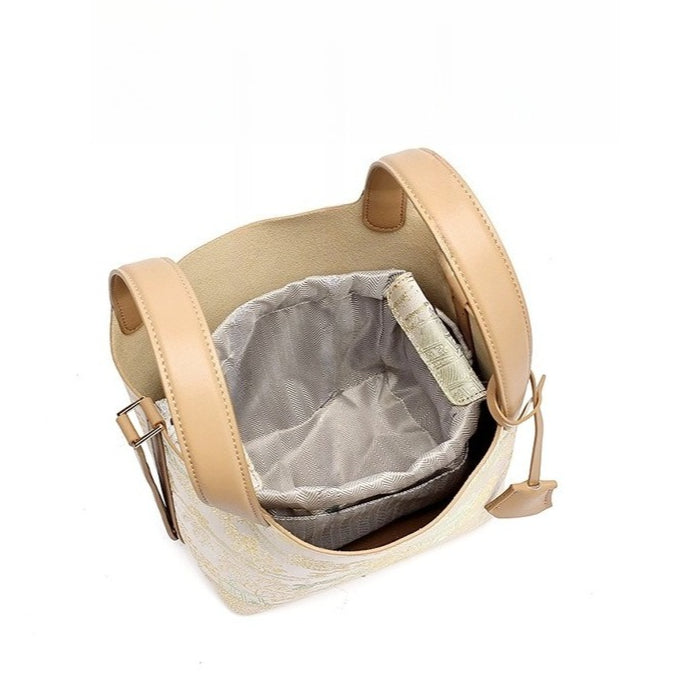Women's Oriental Garden Genuine Leather Bucket Bag with Charm