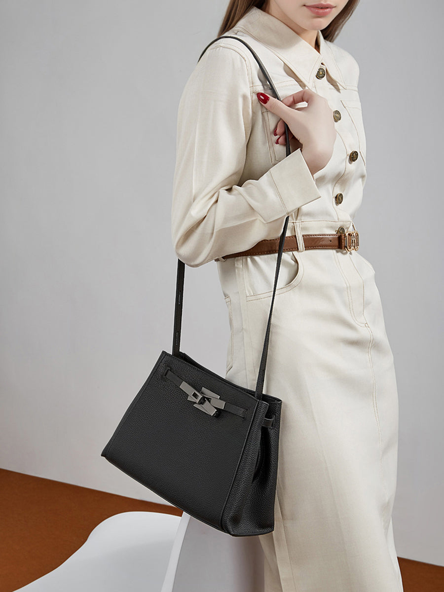 Women's Pebbled Cowhide Bucket Tote with Dual Straps