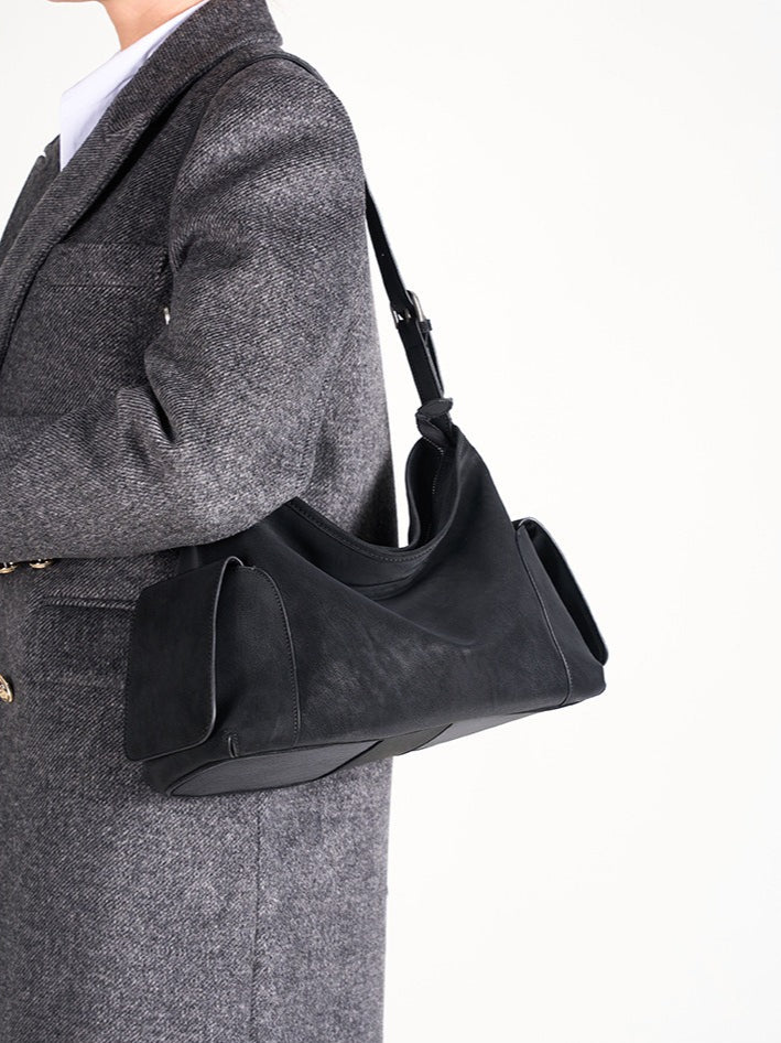 Women's Full-Grain Cowhide Slouchy Shoulder Bag with Side Pockets