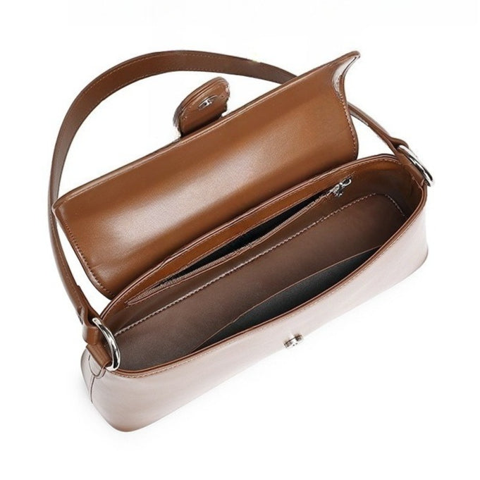 Women's Genuine Leather Vintage Baguette Shoulder Bag with Buckle