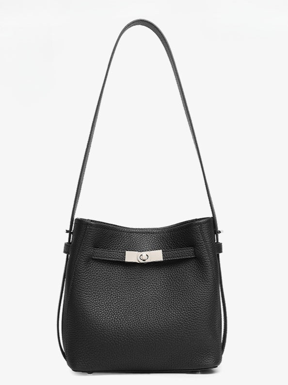 Women's Pebbled Cowhide Bucket Bag with Double-D Hardware