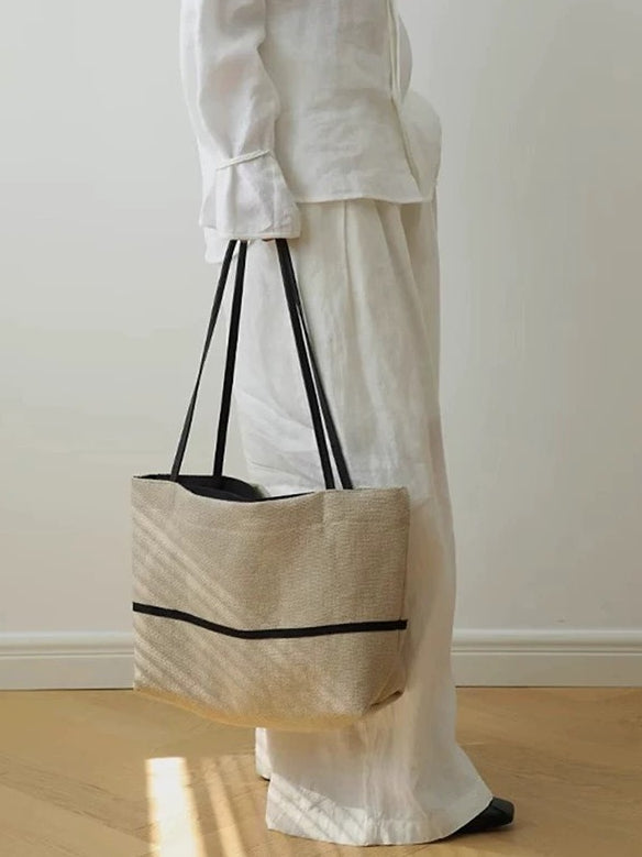 Women's Linen Tote Bag with Structured Base and Wide Straps