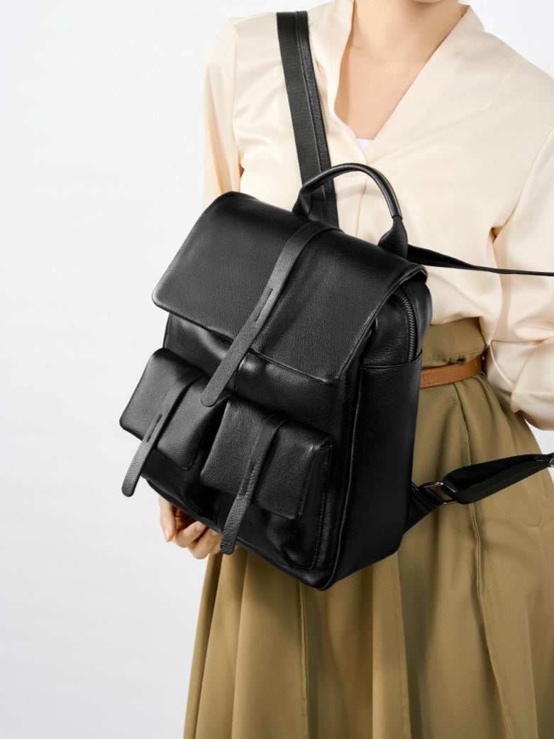 Women's Pebbled Cowhide Flap Backpack with Multiple Pockets