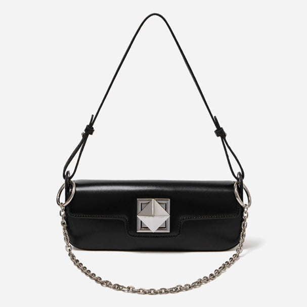 Women's Smooth Cowhide Silver-Buckle Baguette Shoulder Bag