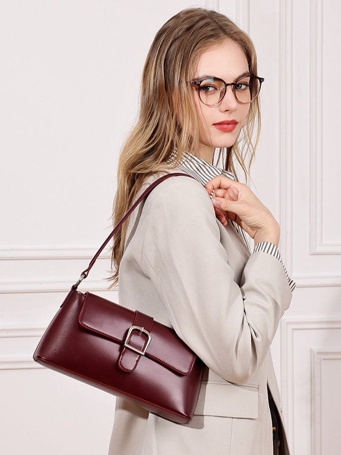 Women's Genuine Leather Vintage Baguette Shoulder Bag with Buckle