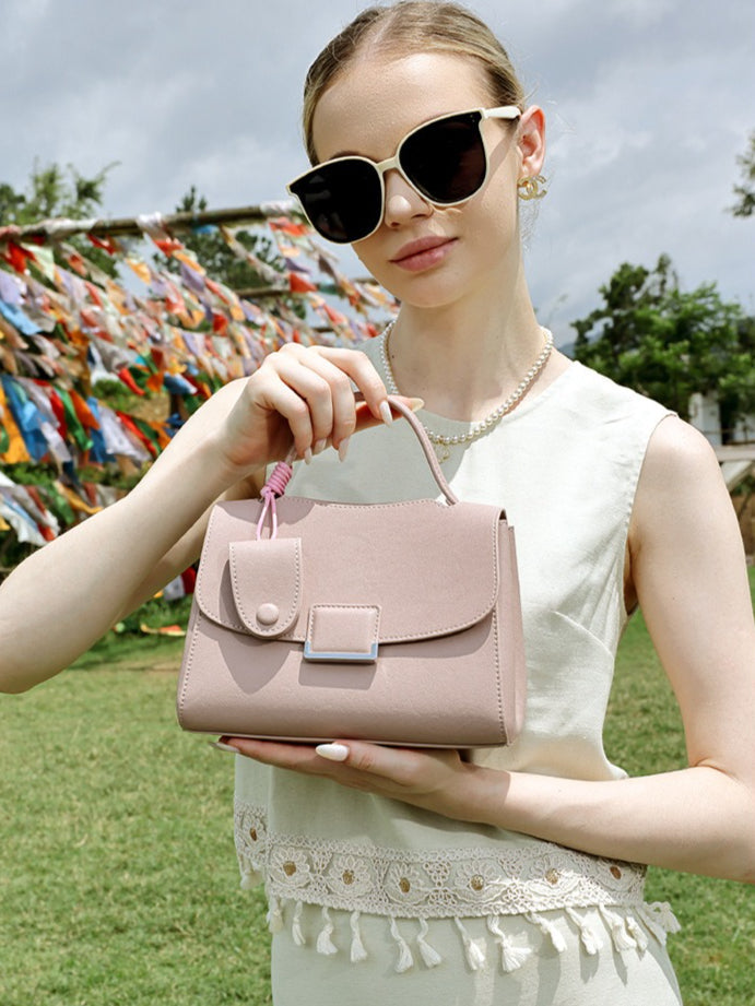 Women's Genuine Leather Square Flap Bag with Magnetic Closure