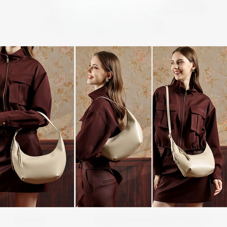 Women's Oil-Waxed Cowhide Semi-Circle Top Handle Bag