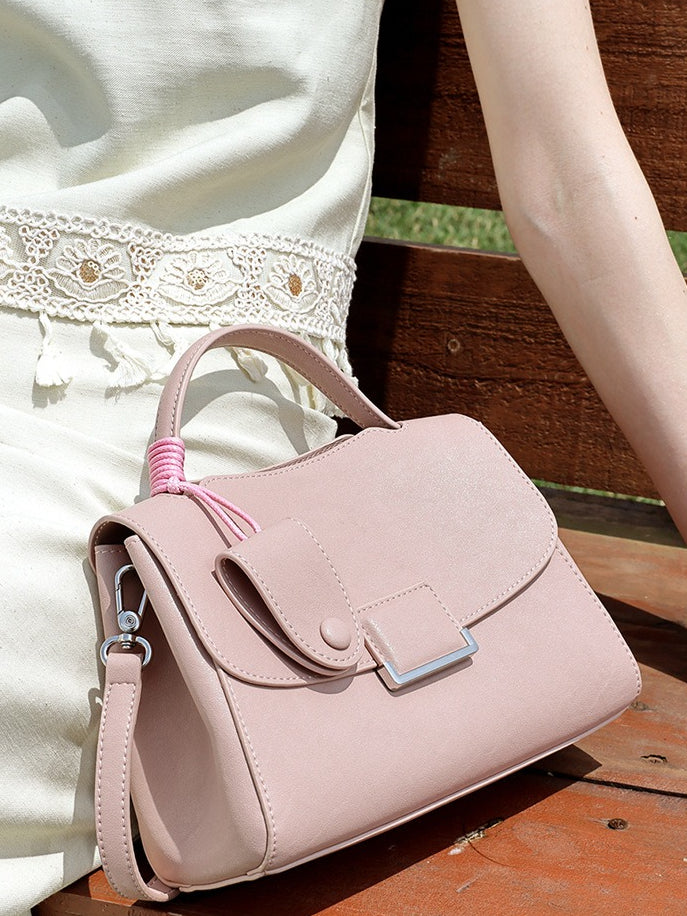 Women's Genuine Leather Square Flap Bag with Magnetic Closure