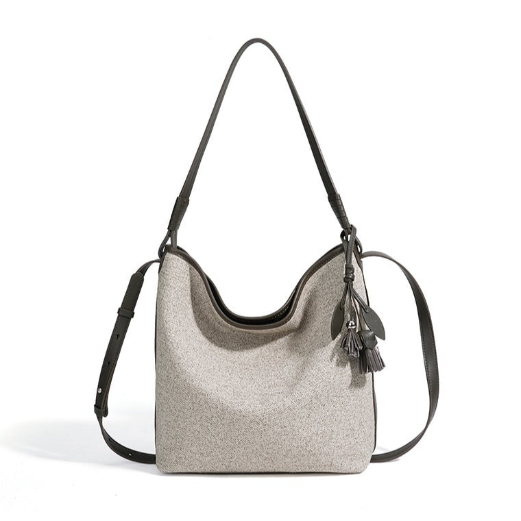 Women's Canvas Bucket Bag with Leather Trim and Tassel Charm