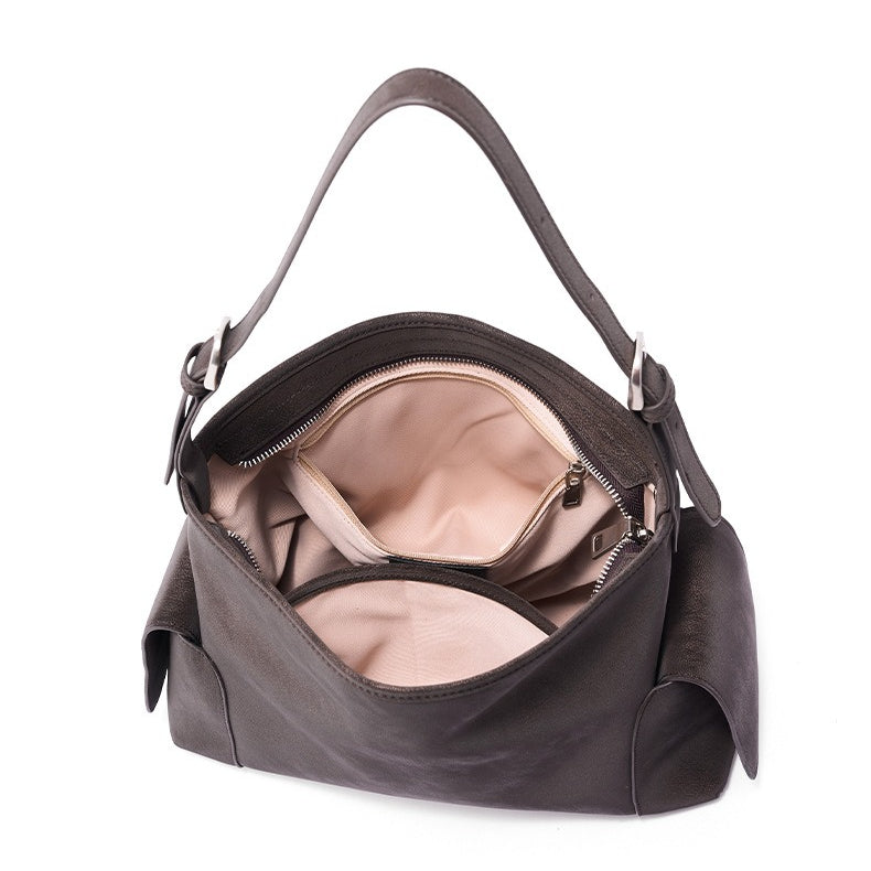 Women's Full-Grain Cowhide Slouchy Shoulder Bag with Side Pockets