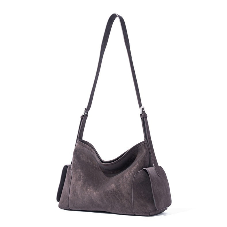 Women's Full-Grain Cowhide Slouchy Shoulder Bag with Side Pockets