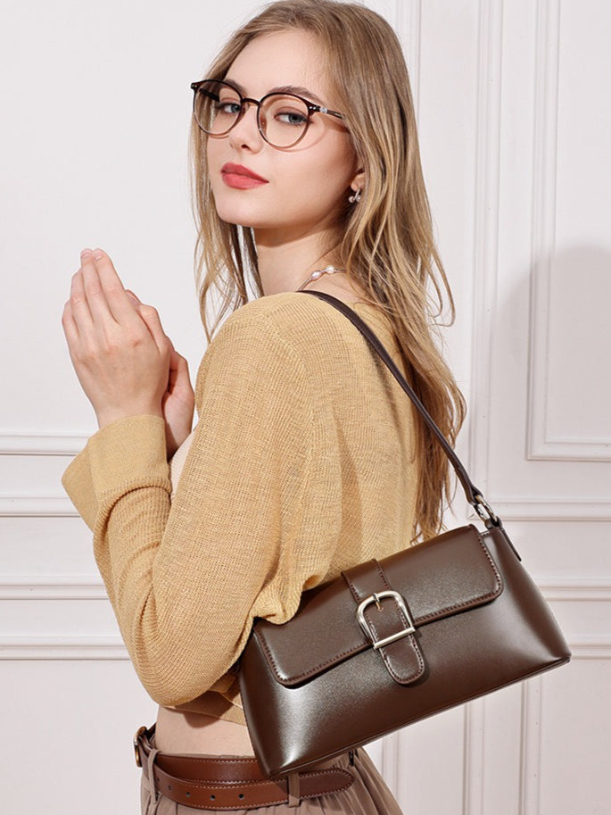 Women's Genuine Leather Vintage Baguette Shoulder Bag with Buckle