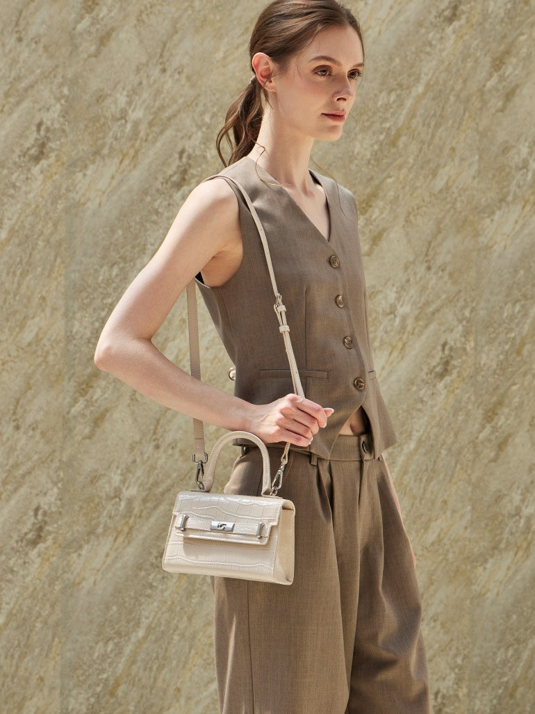 Women's Croc-Embossed Cowhide Structured Top-Handle Bag