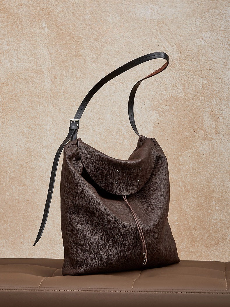 Women's Genuine Leather Slouch Tote Bag with Adjustable Strap & Detachable Pouch