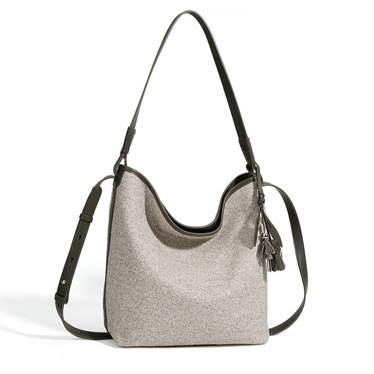 Women's Canvas Bucket Bag with Leather Trim and Tassel Charm