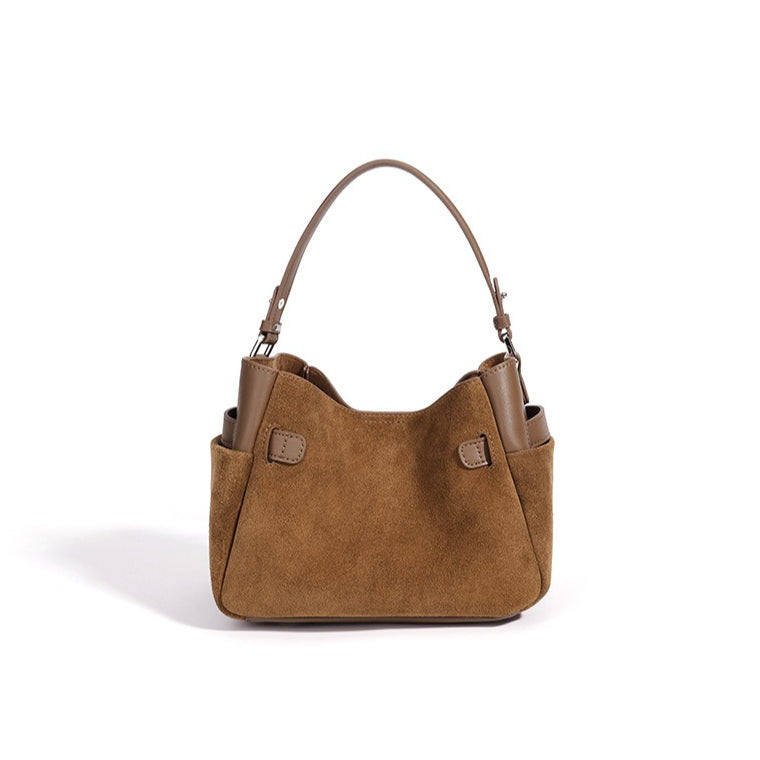 Women's Suede Cowhide Bucket Bag with Detachable Strap