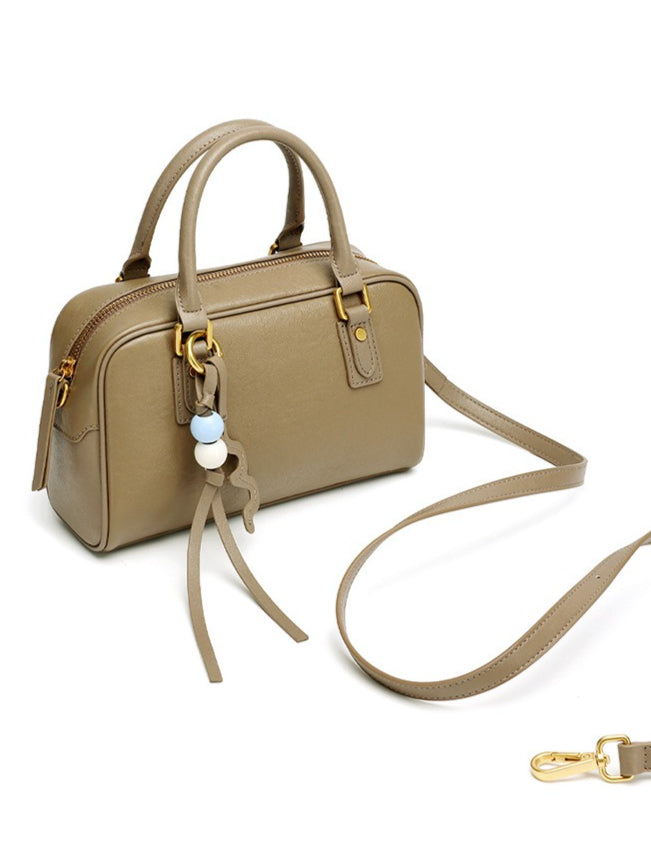 Women's Genuine Leather Boston Bag with Wavy Charm