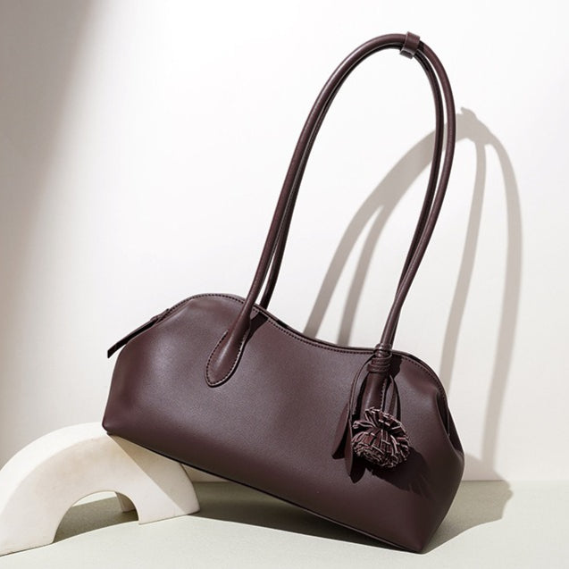 Women's Genuine Leather Curved Shoulder Clutch with Tassel Charm