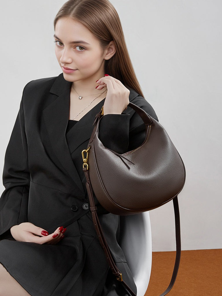 Women's Pebbled Cowhide Crescent Hobo Bag with Convertible Strap