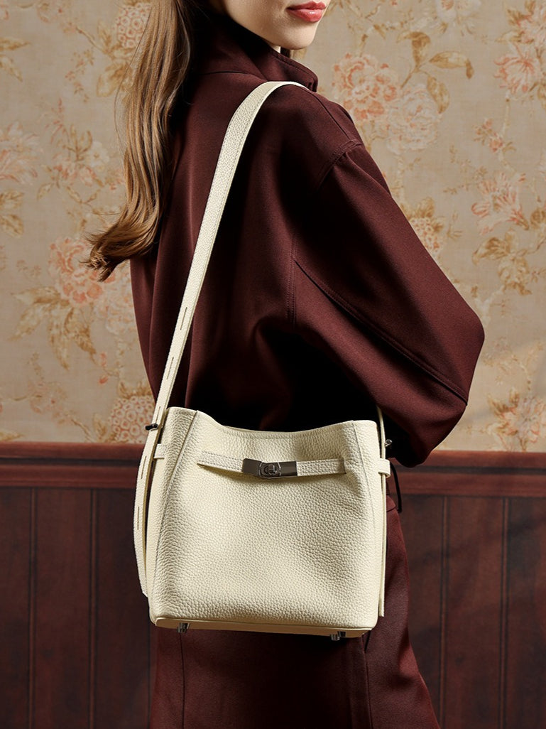 Women's Pebbled Cowhide Bucket Bag with Double-D Hardware