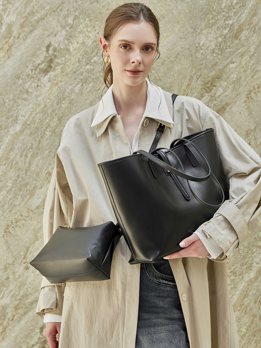 Women's Cowhide Tote Bag Set with Convertible Inner Pouch