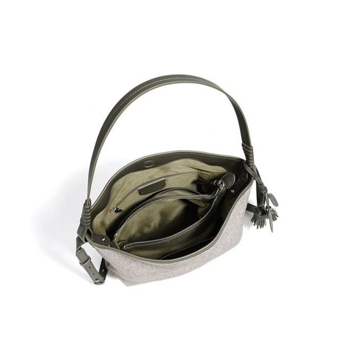 Women's Canvas Bucket Bag with Leather Trim and Tassel Charm