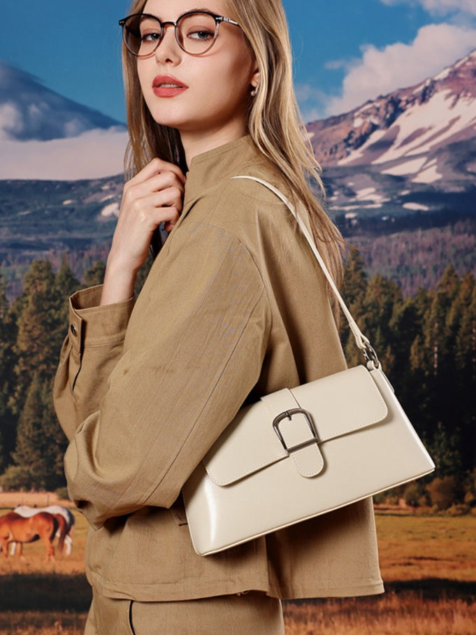 Women's Genuine Leather Vintage Baguette Shoulder Bag with Buckle