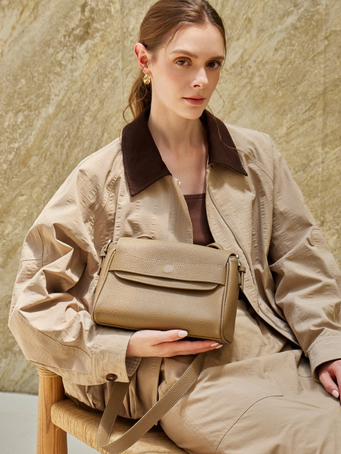 Women's Lychee-Grain Cowhide Flap Bag with Top Handle