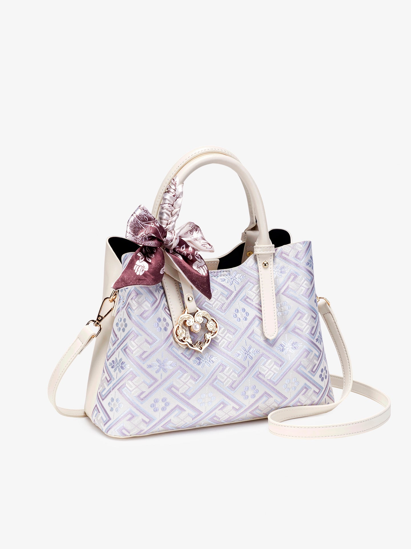 Women's Lavender Brocade Pattern Mini Tote with Scarf Bow