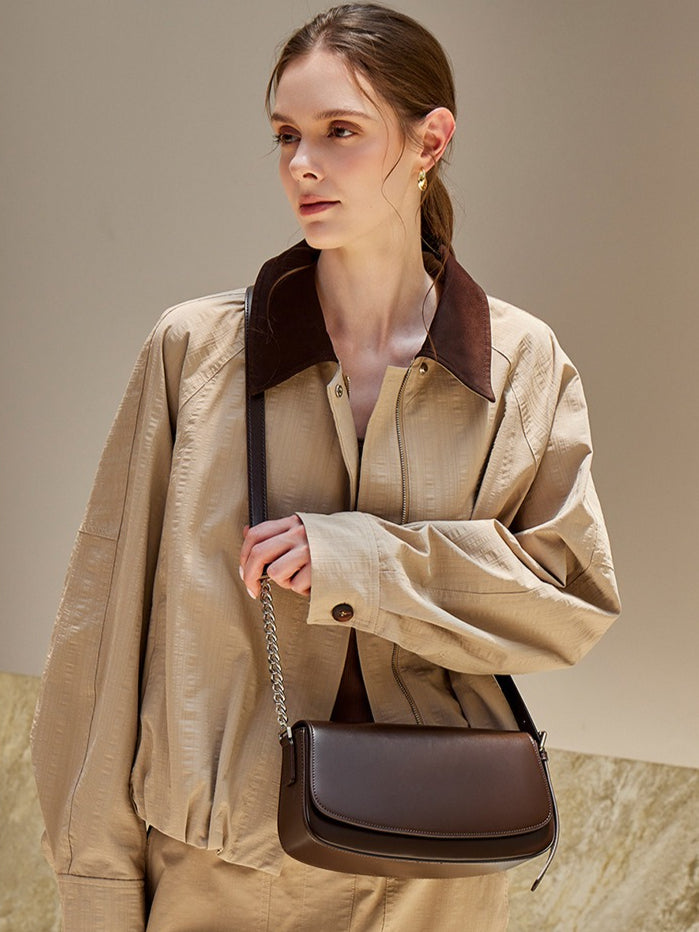 Women's Soft Cowhide Baguette Saddle Bag with Chain Strap
