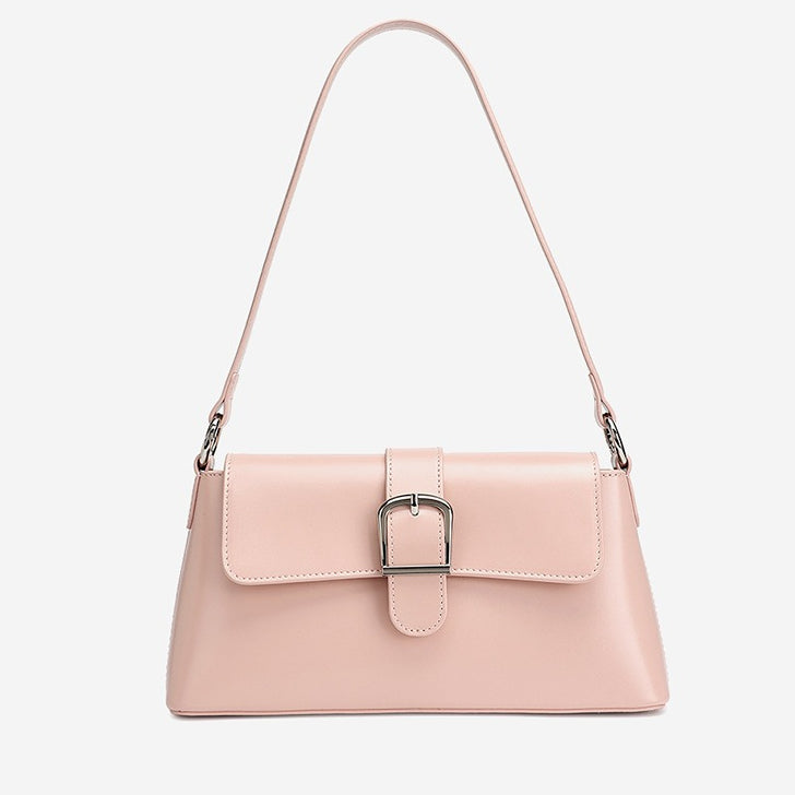 Women's Genuine Leather Vintage Baguette Shoulder Bag with Buckle