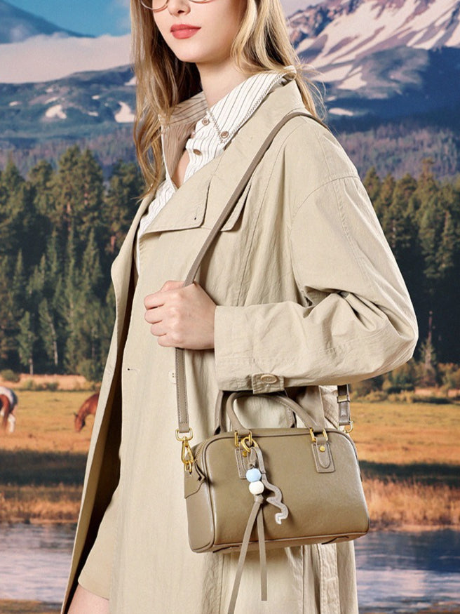 Women's Genuine Leather Boston Bag with Wavy Charm