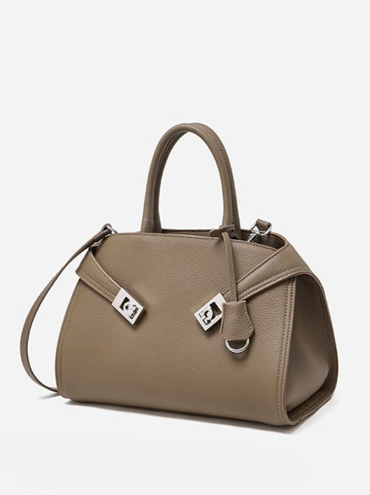 Women's Lychee-Grain Cowhide Double-Buckle Convertible Tote
