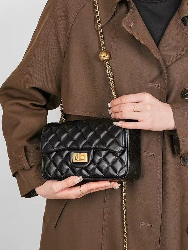 Women's Quilted Sheepskin Flap Bag with Adjustable Gold Chain