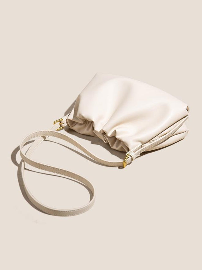 Women's Genuine Leather Ruched Cloud Clutch Bag with Detachable Strap