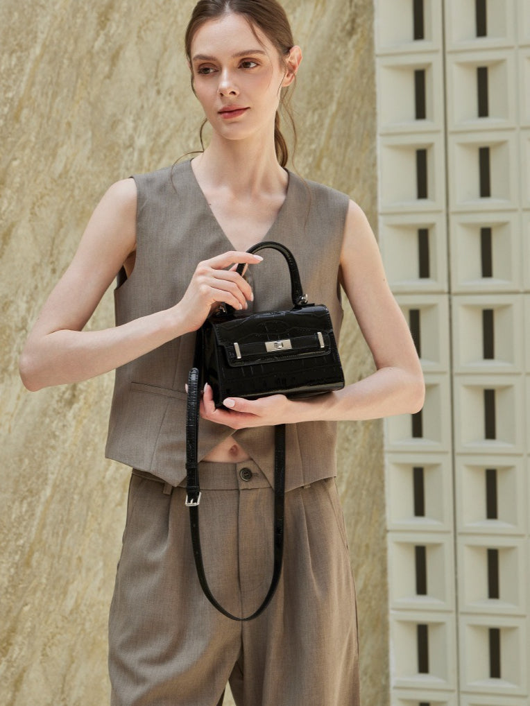 Women's Croc-Embossed Cowhide Structured Top-Handle Bag