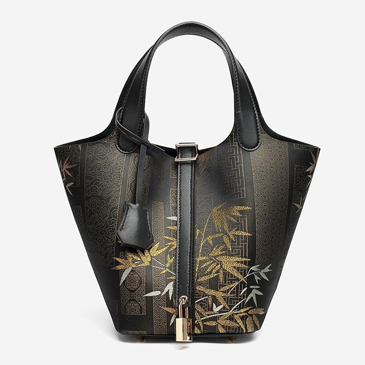 Women's Oriental Garden Genuine Leather Bucket Bag with Charm