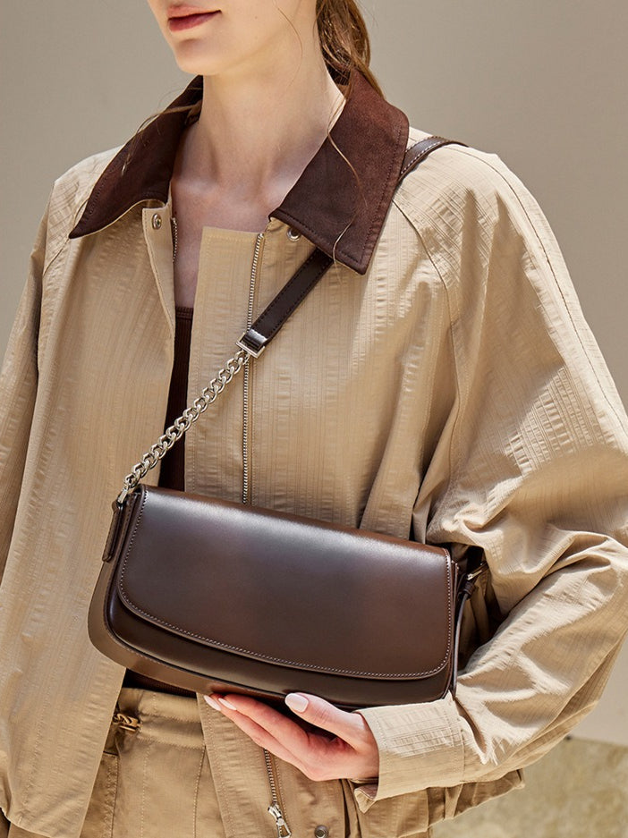 Women's Soft Cowhide Baguette Saddle Bag with Chain Strap