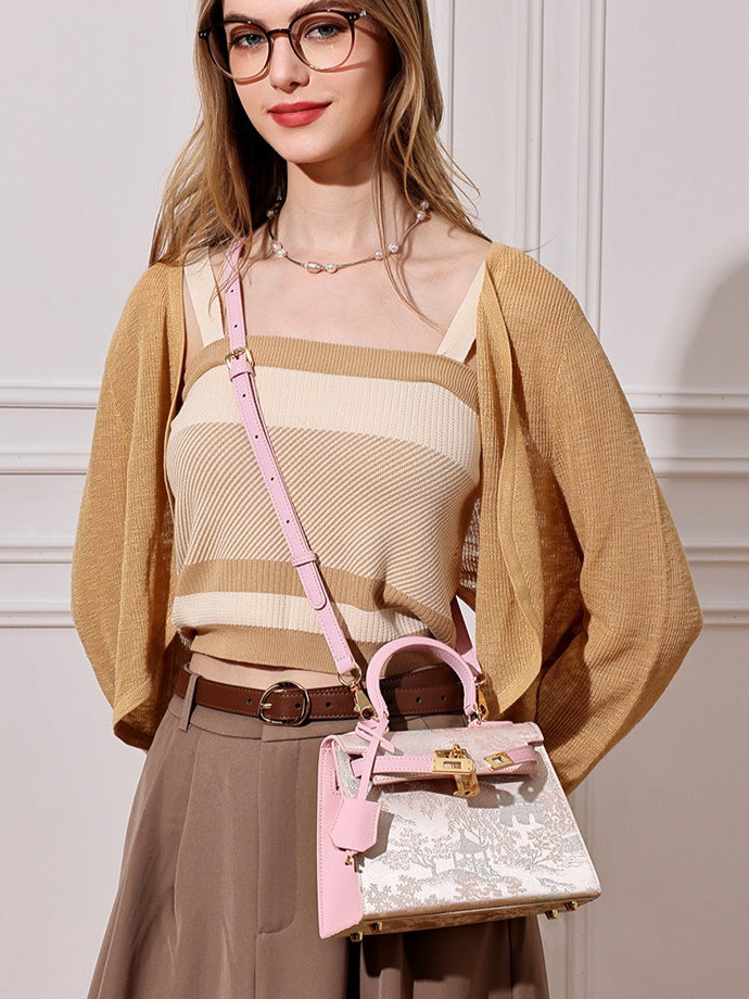 Women's Brocade Genuine Leather Kelly Bag with Padlock Charm
