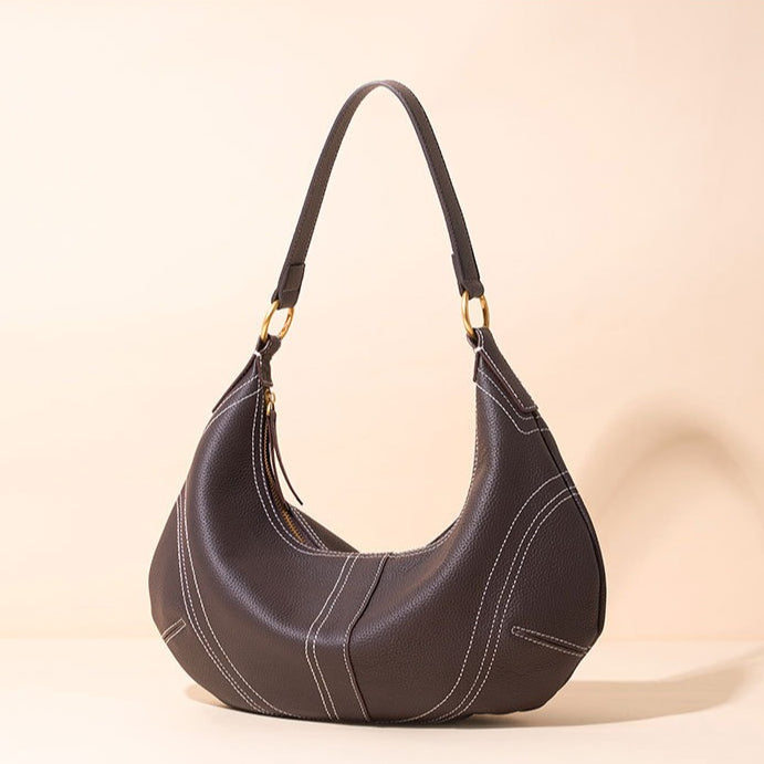 Women's Pebbled Cowhide Curved Hobo Bag with Contrast Stitching