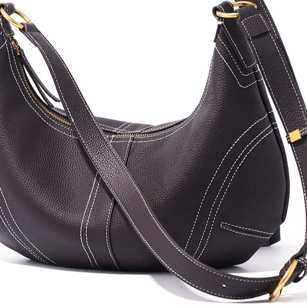 Women's Pebbled Cowhide Curved Hobo Bag with Contrast Stitching
