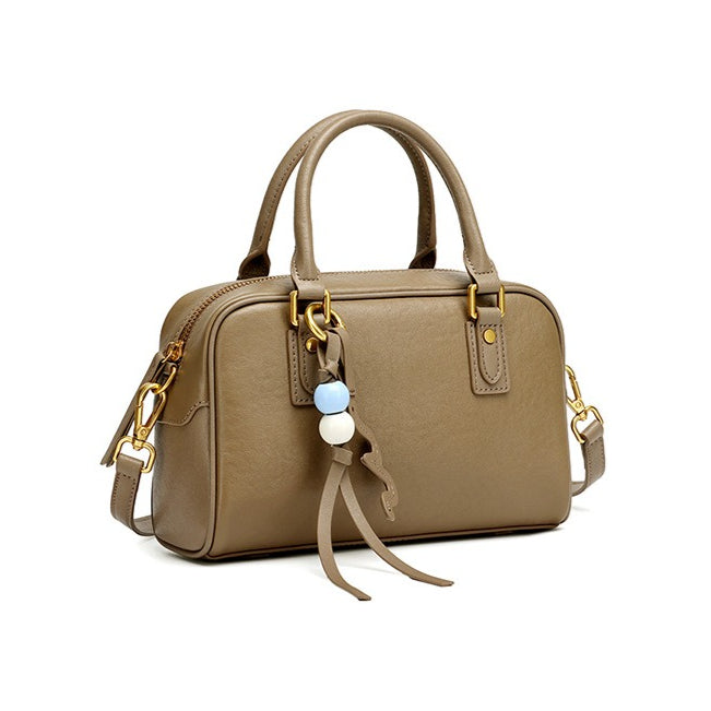 Women's Genuine Leather Boston Bag with Wavy Charm