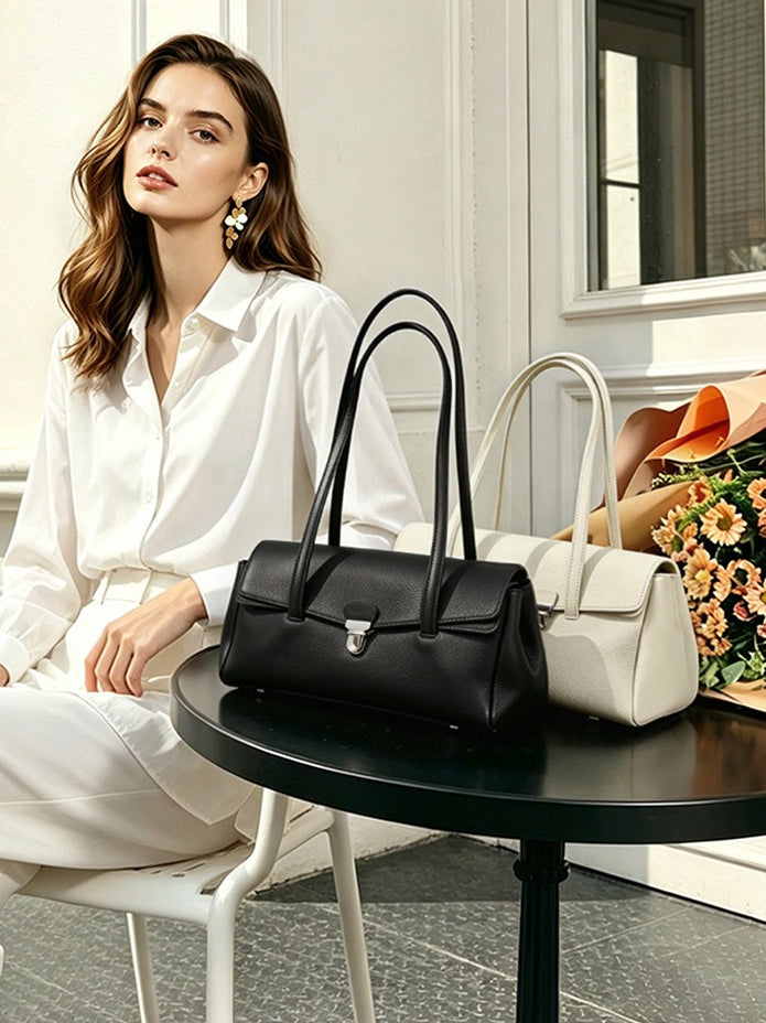 Women's Pebbled Cowhide Flap Tote with Twist-Lock Closure