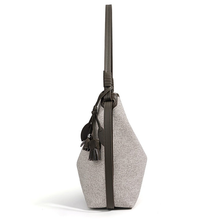 Women's Canvas Bucket Bag with Leather Trim and Tassel Charm