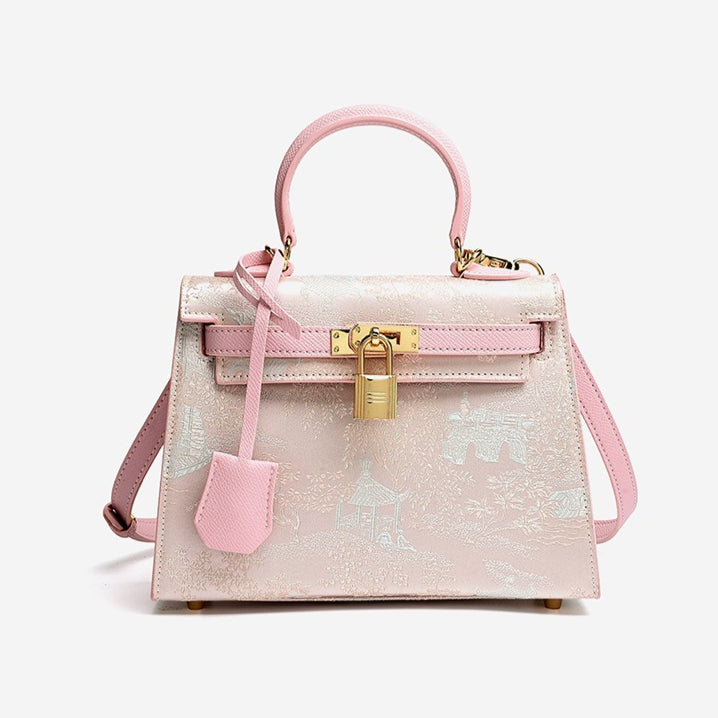 Women's Brocade Genuine Leather Kelly Bag with Padlock Charm