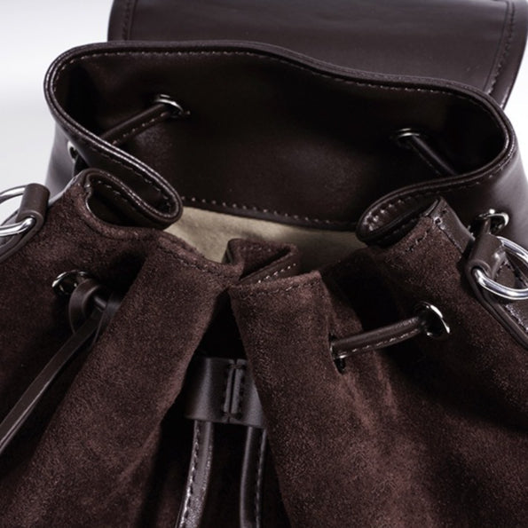 Women's Suede Leather Convertible Flap Backpack with Side Pockets