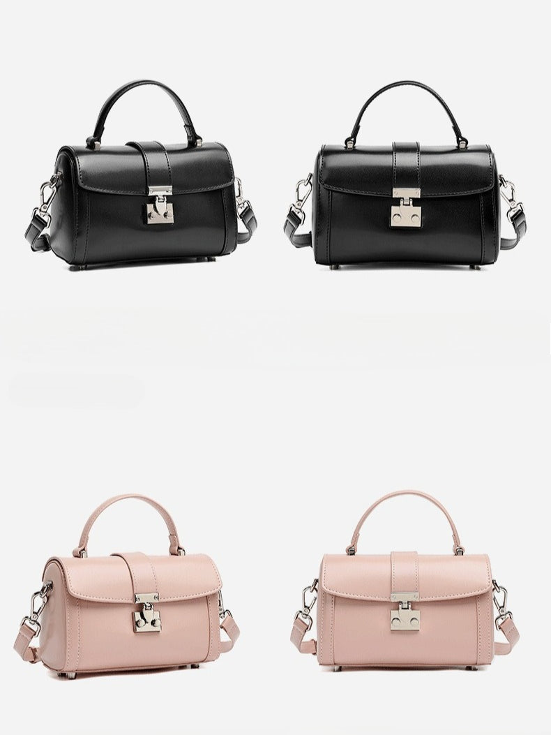 Women's Genuine Leather Cylinder Box Bag with Push Lock