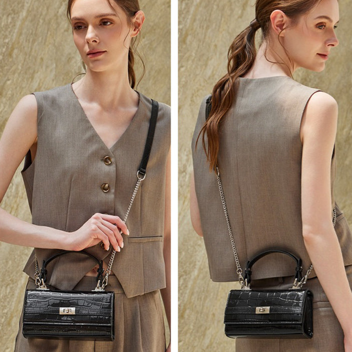 Women's Glossy Croc Cowhide Twist-Lock Envelope Bag